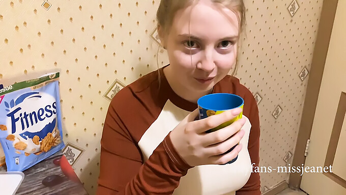 Russian Teen With Natural Assets Performs Oral Sex In Kitchen